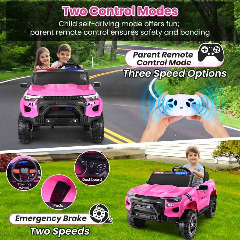 24V Pink 2-Seater Ride-On Police Truck with Remote Control