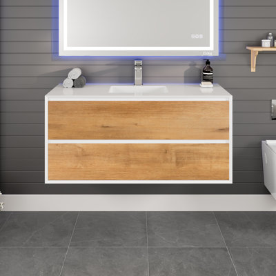 Kiskimere 48"W X 21"D Oak Wall Mount Bathroom Vanity With White Acrylic Countertop And Integrated Sink