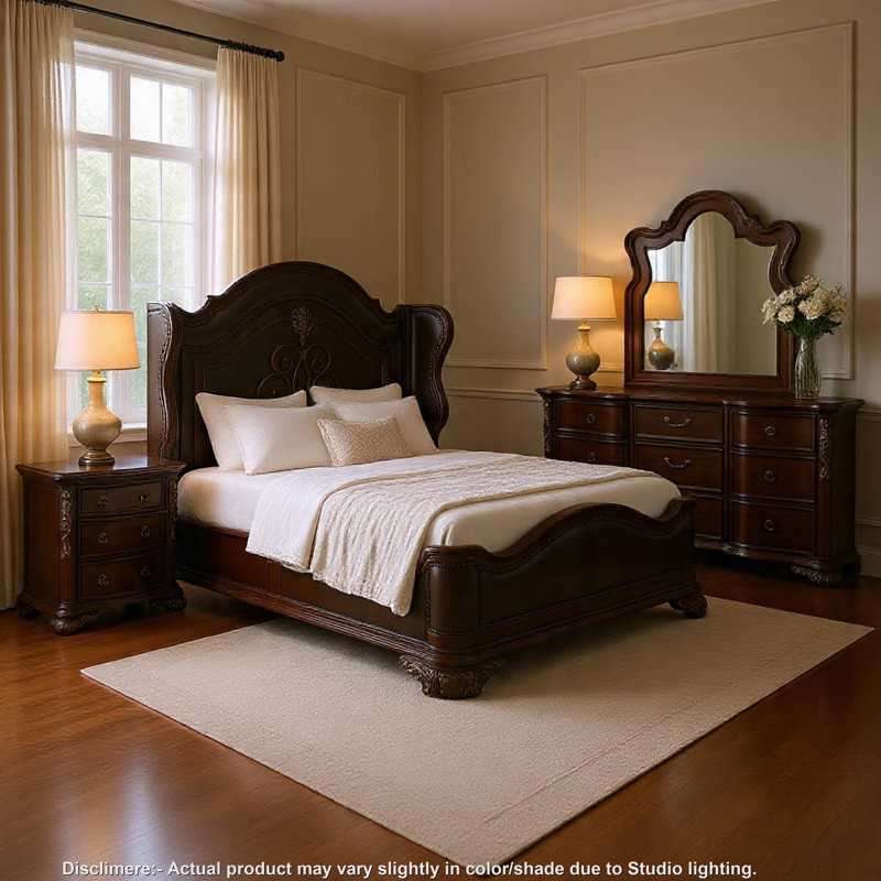 Rise 4 Piece Queen Bedroom Set, Arched Wing Design, Leatherette Padding, Brown