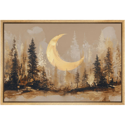 Golden Crescent Moon Forest Scene - Pictures Extra Large Framed Canvas Print Wall Art