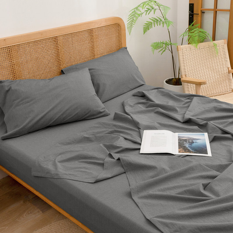 BESTOUCH Sheet Set 100% Washed Cotton Linen Feel Lightweight, California King Sheet Set with 2 Pillowcases, Dark Gray