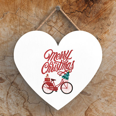 Xmas Merry Christmas Bicycle Wooden Heart Plaque
