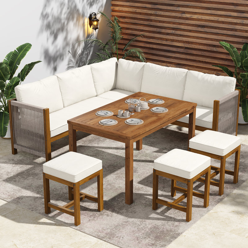8 - Person Wood Patio Dining Set with Rectangular Table, Beige, Walnut