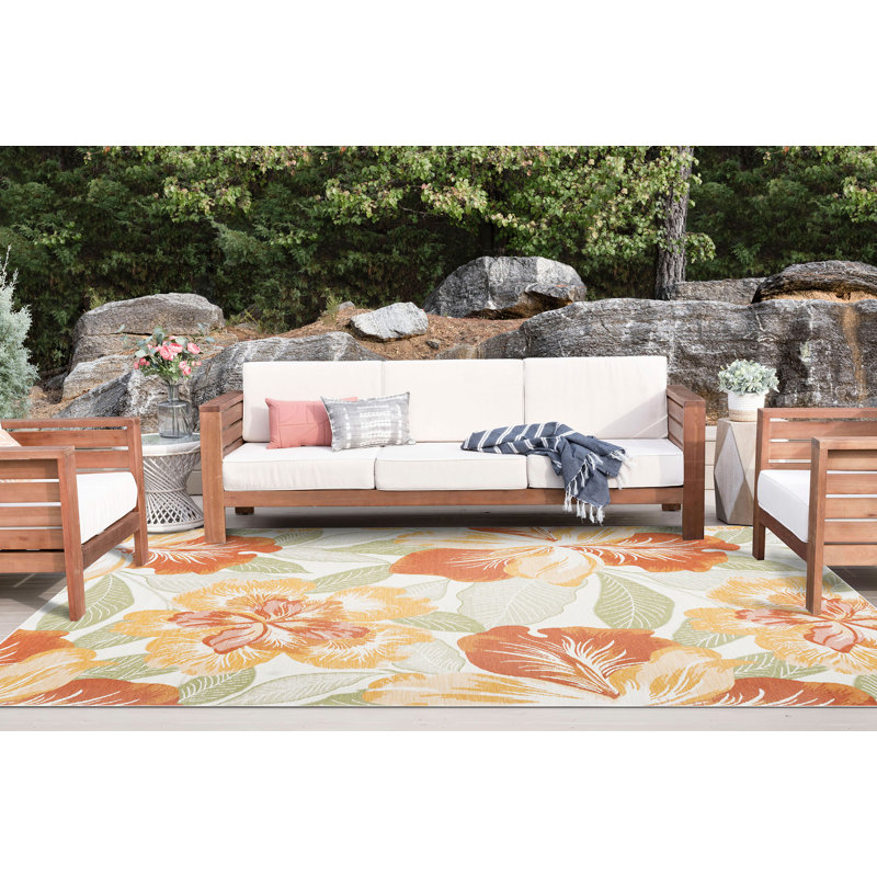 Zita Floral Reversible Flatweave Polypropylene Indoor / Outdoor Area Rug - Orange | Green | Yellow, Rectangle 5'3'' x 7'3''