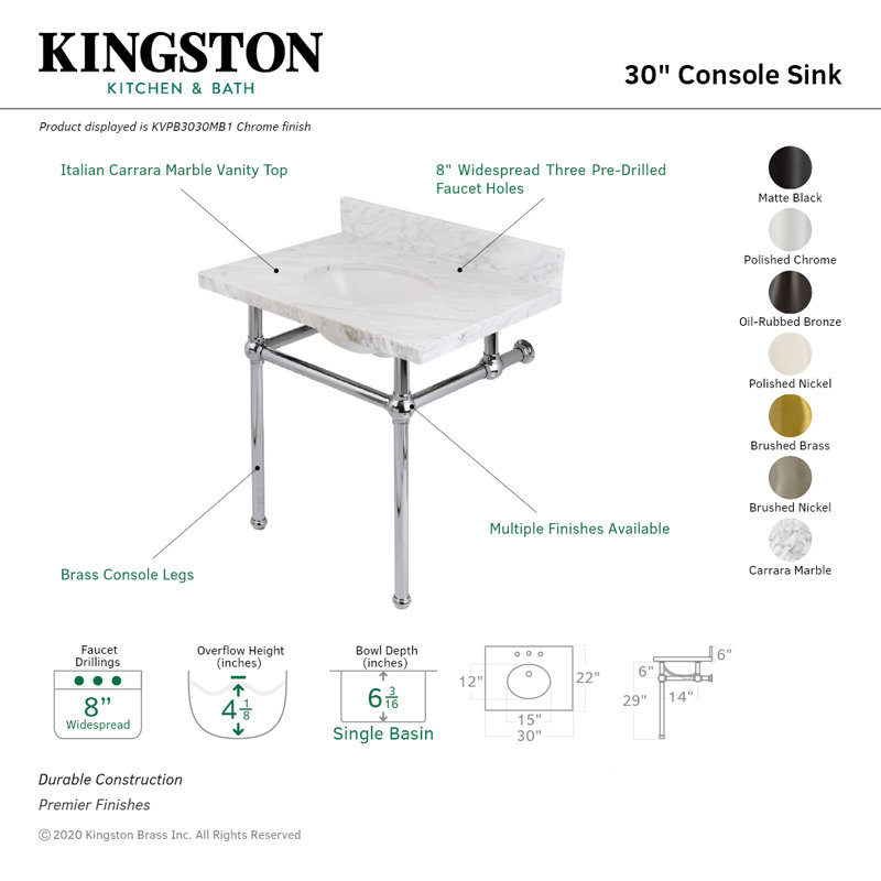 Comptoir de meuble-lavabo Templeton 30 po avec pieds en laiton Kingston (8 po, 3 trous), Chrome