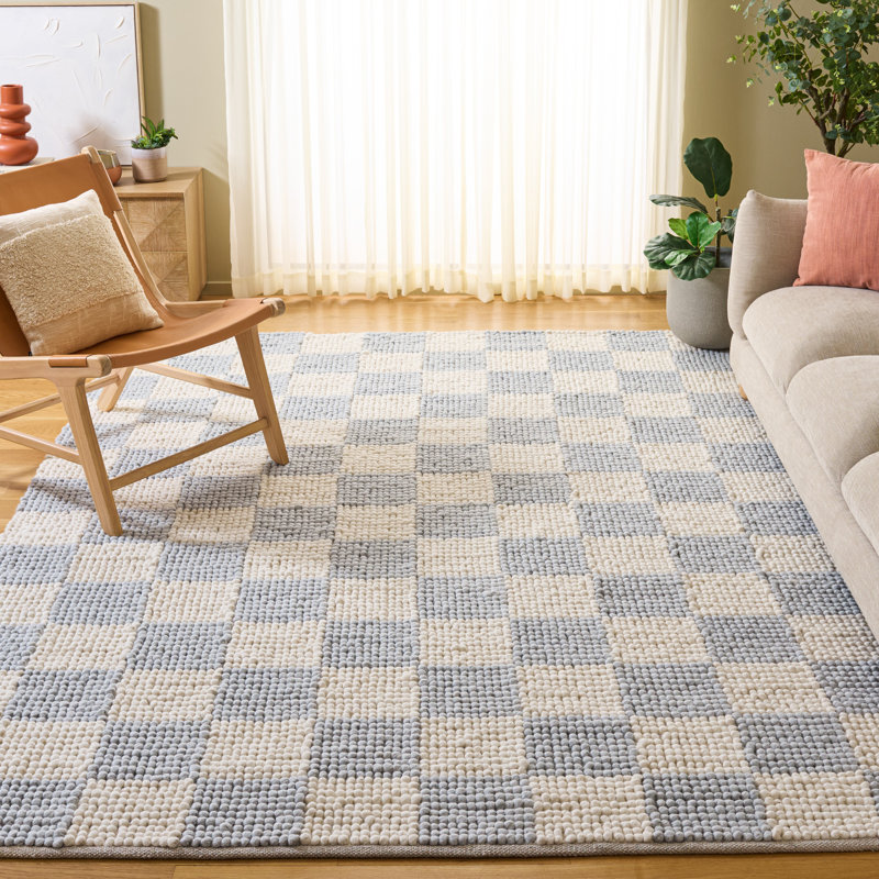 Tapis à carreaux en laine / coton Natura 288 tissé à plat en bleu clair / ivoire, Rectangle 8 pi x 10 pi