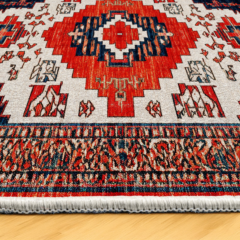 Otasna Collection Digital Print Cotton-Polyester Red Moroccan Rug, Runner 3'4" x 13'2"