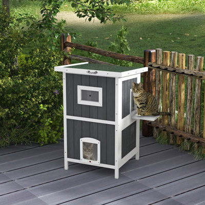 Maison d'extérieur pour chat, abri pour chat en bois à 2 niveaux avec toit résistant aux intempéries, plancher amovible, portes de secours, pour 1 à 2 chats, gris
