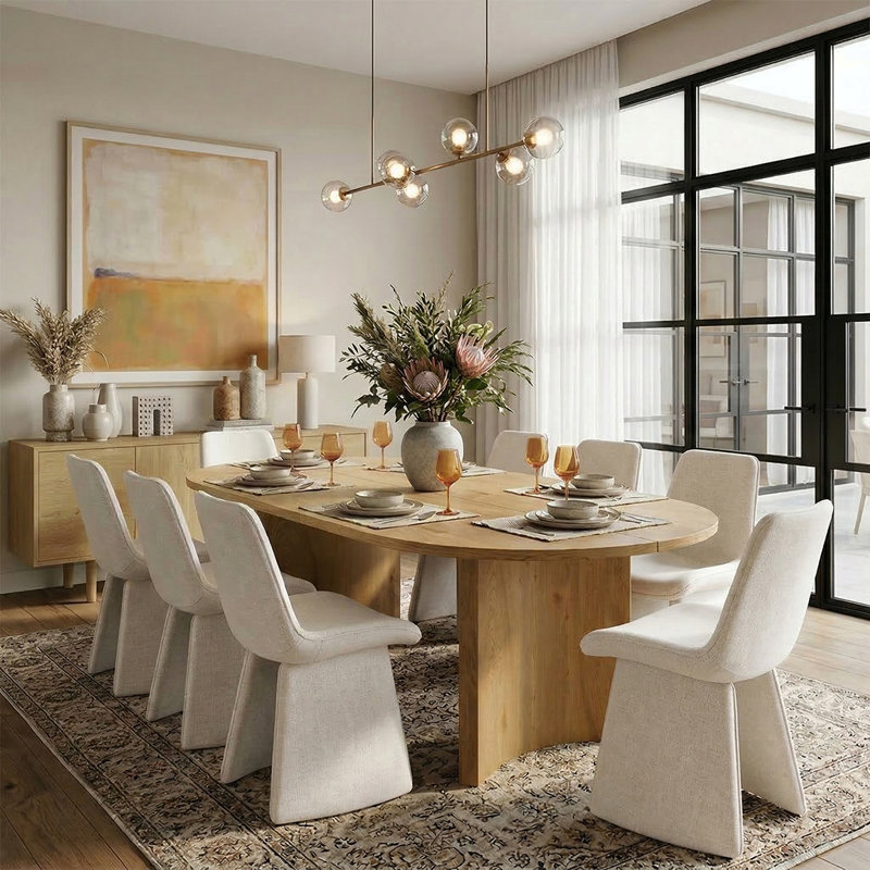 Ensemble de table de salle à manger 79 po pour 8 personnes, ensemble de salle à manger moderne en grain de bois avec chaises rembourrées