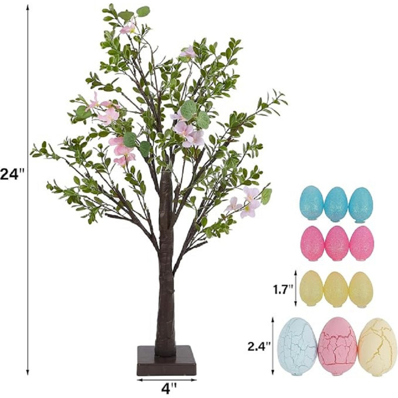 Easter Decoration Set Of 2 Lighted 24 Inch Artificial Tree With Easter Eggs & Colourful LED Lights, Light Up Tabletop Bonsai Tree For Table Home Holiday Spring Decor
