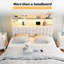 Tête de lit double pleine grandeur, tête de lit tapissier réglable avec tablettes à 2 niveaux et panneau perforé avec stations de charge et lumières DEL, tête de lit moderne avec rangement en lin et blanc-284266789-284266788
