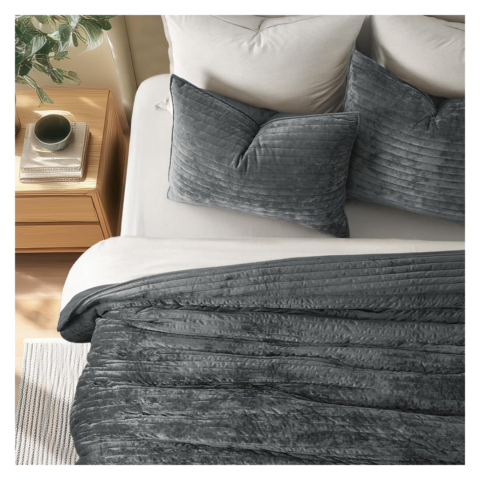 Luxe Velvet Channel Quilt Set, Charcoal Gray, California King