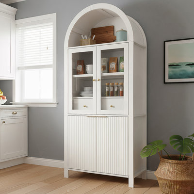 71" Fluted Tall Arched Pantry Cabinet With Adjustable Shelves, Elegant Display Storage With Hidden Drawer & Glass Door