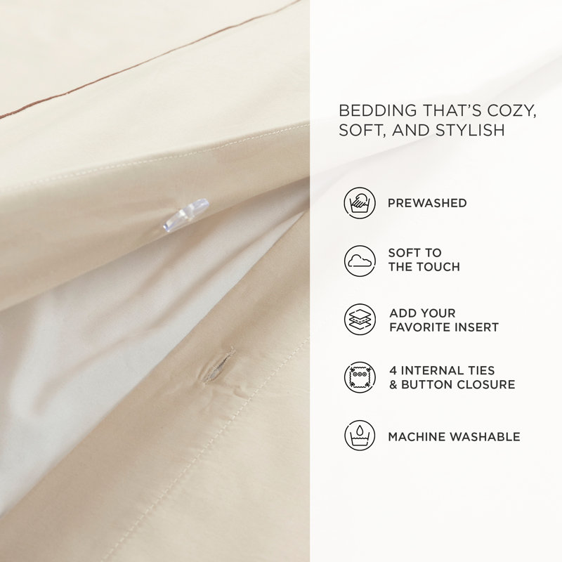 Hampton Double Flange Embroidered Contrast Edge Duvet Cover 3 Pieces Set, Queen Duvet Cover + 2 Standard Shams, Beige