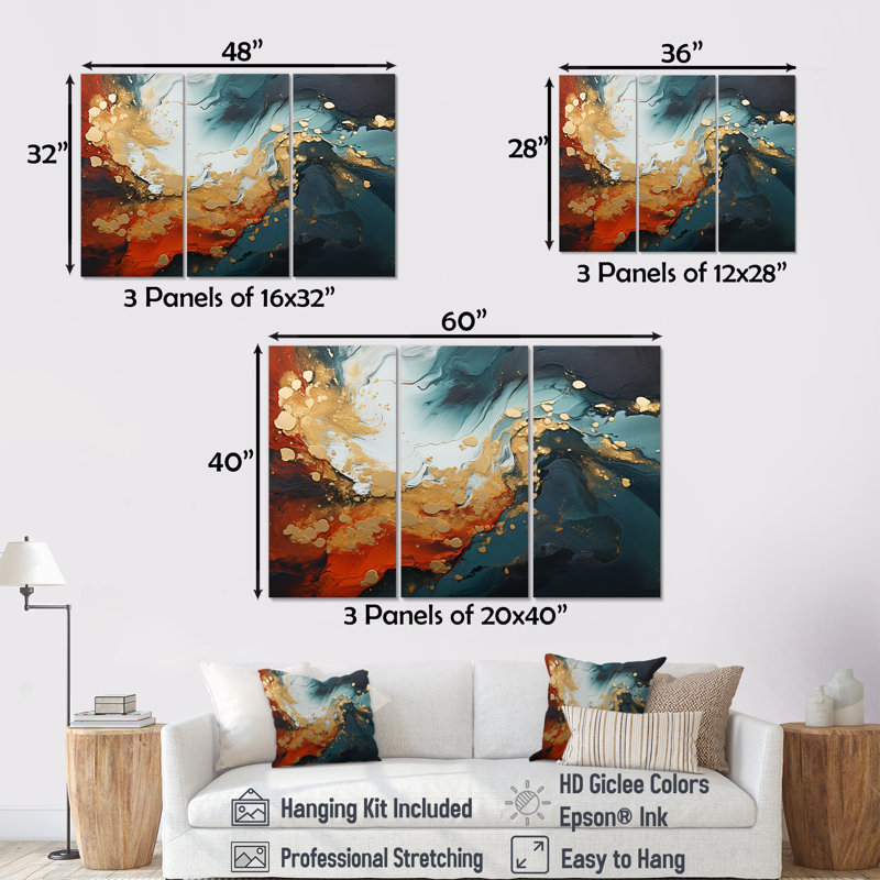Tempête de marbre bleu et doré IV - art mural abstrait, H 28 po x l 36 po x P 1 po, Toile tendue