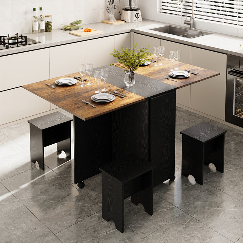 Extendable and Foldable Dining Table Set with 4 Stools and Wheels