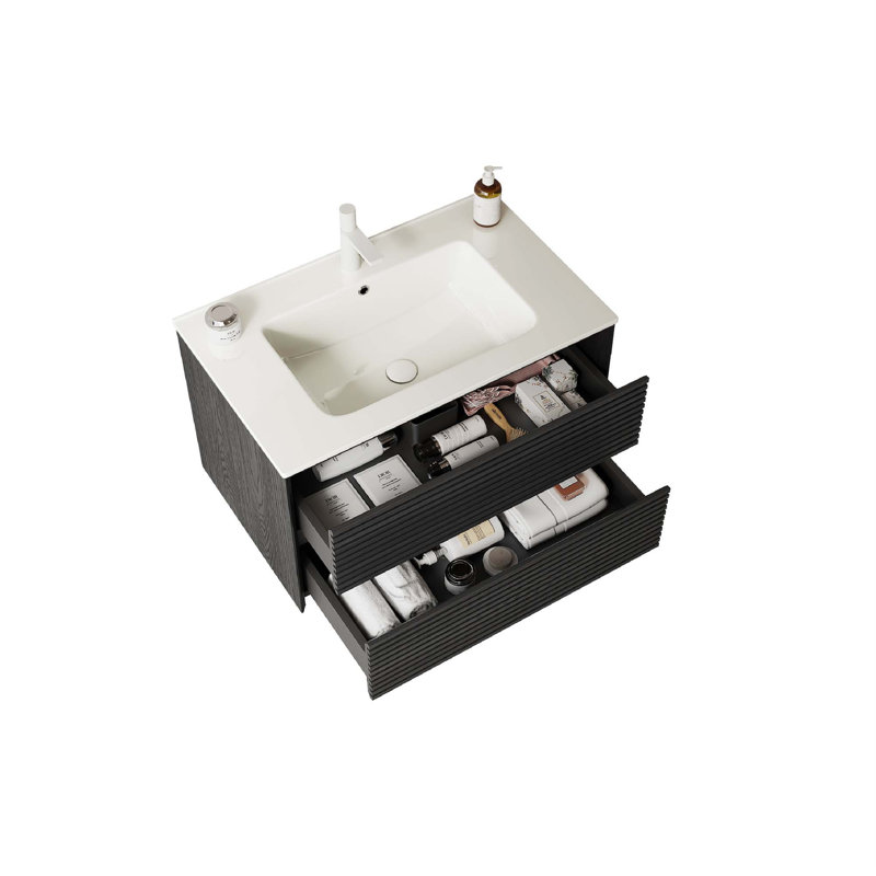 Meuble-lavabo de salle de bain avec lavabo, armoire de rangement murale moderne en contreplaqué flottant avec lavabo à 2 tiroirs en céramique avec couvercle et drain, pré-assemblé