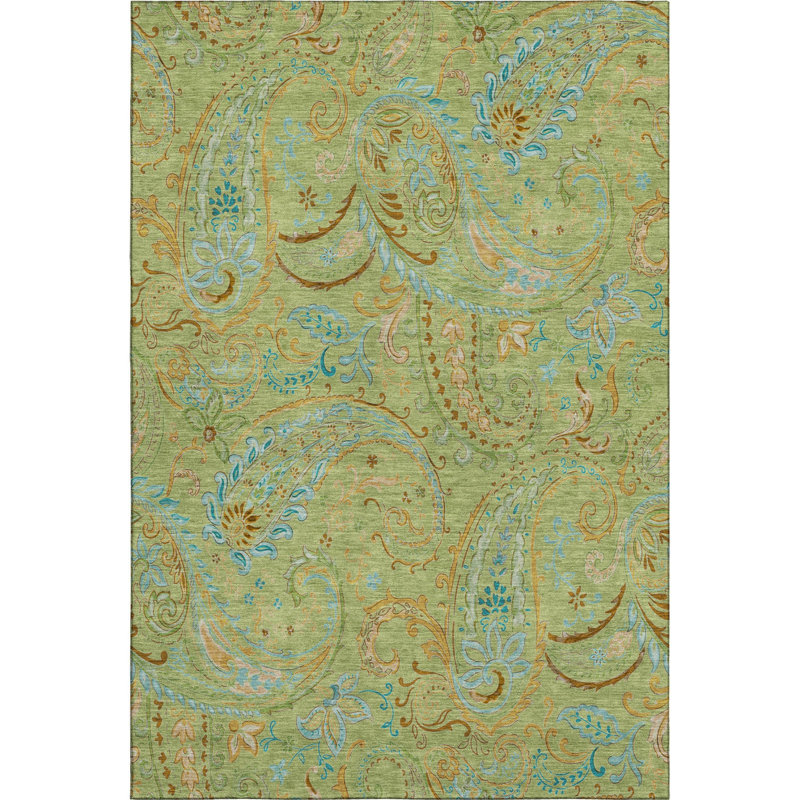 Tapis vert / bleu à motif cachemire lavable 5 pi x 8 pi avec protection UV