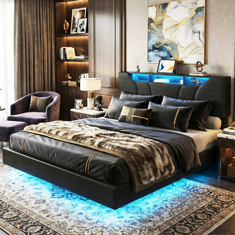 Floating Hydraulic PU Upholstered Ottoman Bed With LED & Charging Station (USB/Type-C), 140X200cm Double / 160X200cm King, Black Faux Leather Smart Storage
