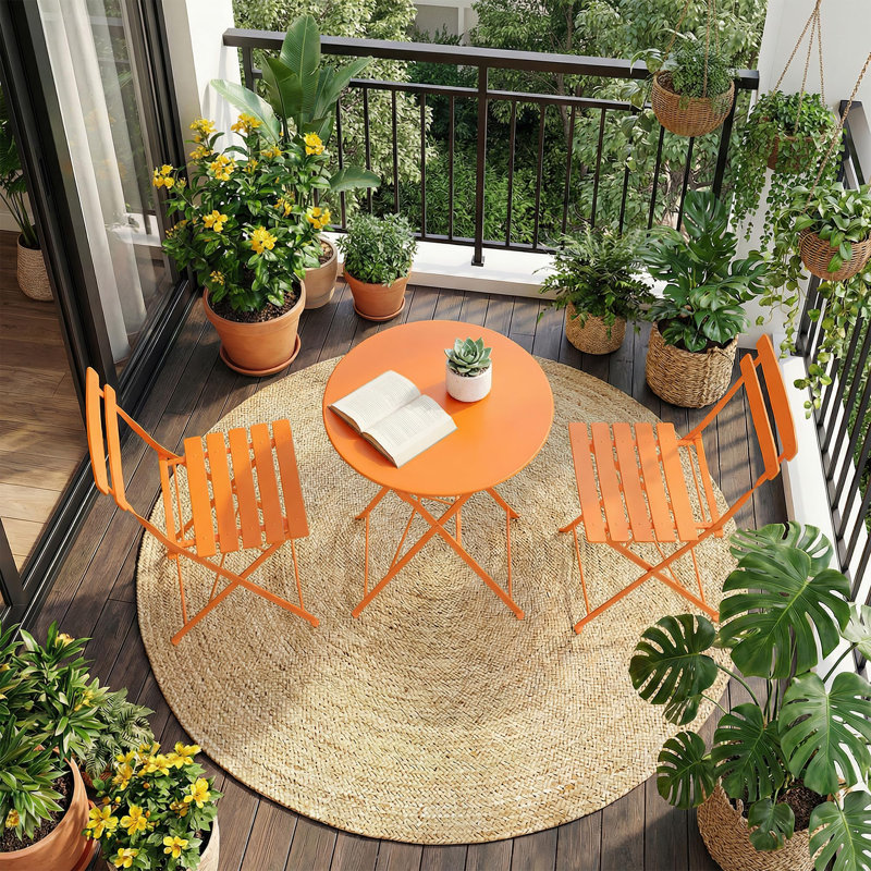 3 Piece Foldable Patio Bistro Set, Outdoor/Indoor Metal Table and Chairs Furniture, Compact Round Table with 2 Folding Chairs for Balcony, Porch, Deck, Garden, Apartment, Small Space, Orang