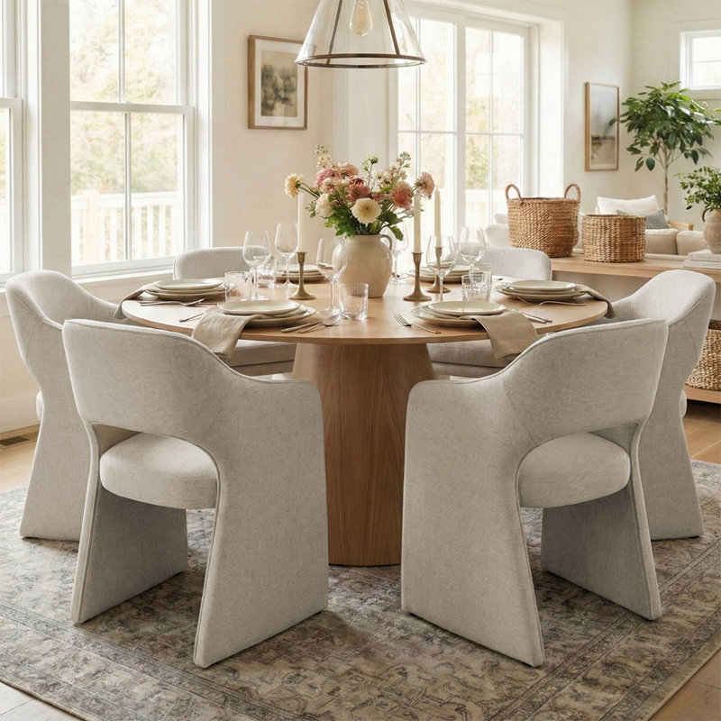 6 - Person Dining Table Sets With Round Table & 6 Upholstered Waterproof Chairs, Yellow, Beige