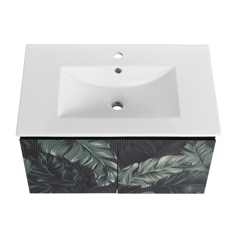 Meuble-lavabo flottant mural avec lavabo en céramique et porte d'armoire à fermeture en douceur, ensemble KD