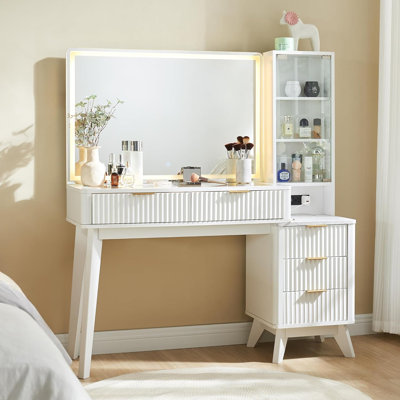 Carsin 48" Fluted Makeup Vanity Desk with 36" Big Lighted Mirror, Glass Top, Charging Station