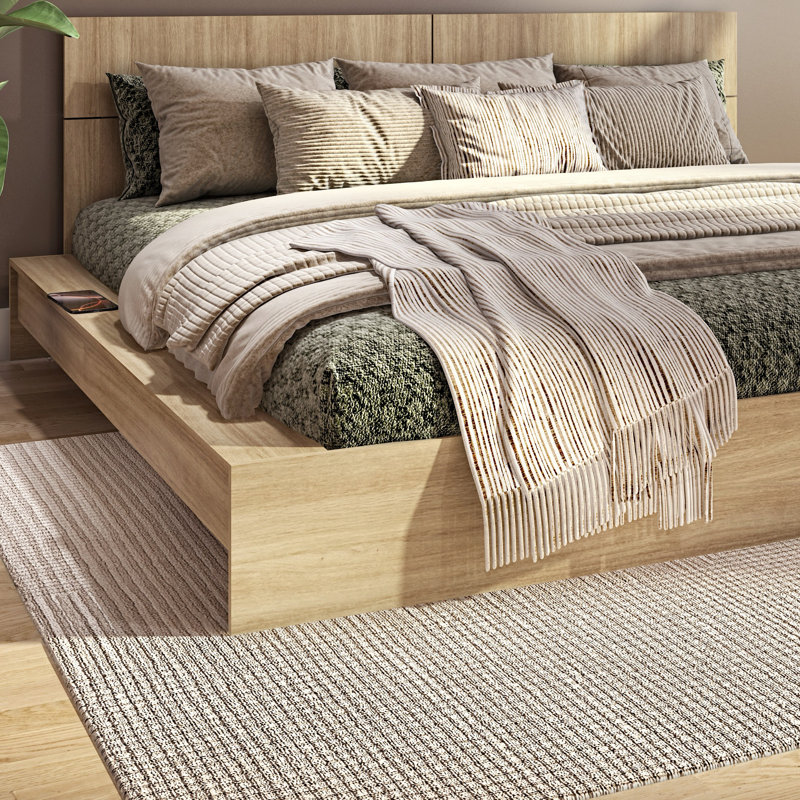 ZEN OMEGA - Lit plateforme avec tête de lit - Assemblage facile, aucun sommier requis, Beige, Très grand lit