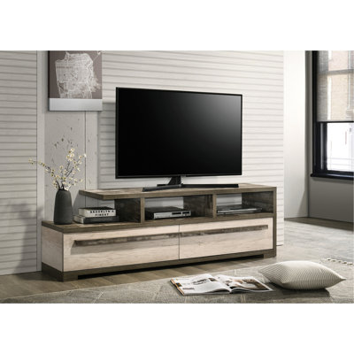 Meuble télé contemporain avec tablettes ouvertes, bois bicolore et tiroirs, largeur de 15,92 po, hauteur de 21,77 po, assemblage simple, hauteur de 21,77 po, poids de 156 lb