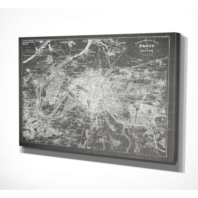« paris sketch map », reproduction d’impression sur toile tendue en gris, H 36 po x l 48 po x P 1,5 po