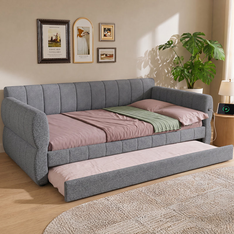 Space-Saving Queen Upholstered Bed With Trundle - USB Charging, Sturdy Frame, No Box Spring, Gray
