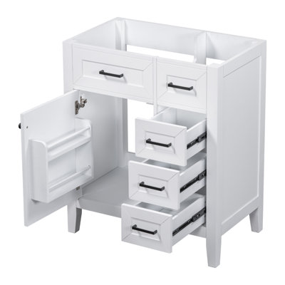 Base de meuble-lavabo 30 po seulement - bois massif + panneau de fibres à densité moyenne - 1 pièce - autoportant - blanc - armoire avec tiroirs et tablette de porte