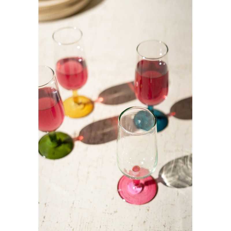  Verres à apéritif avec tiges colorées H 5 po, ensemble de quatre verres recyclés soufflés à la main
