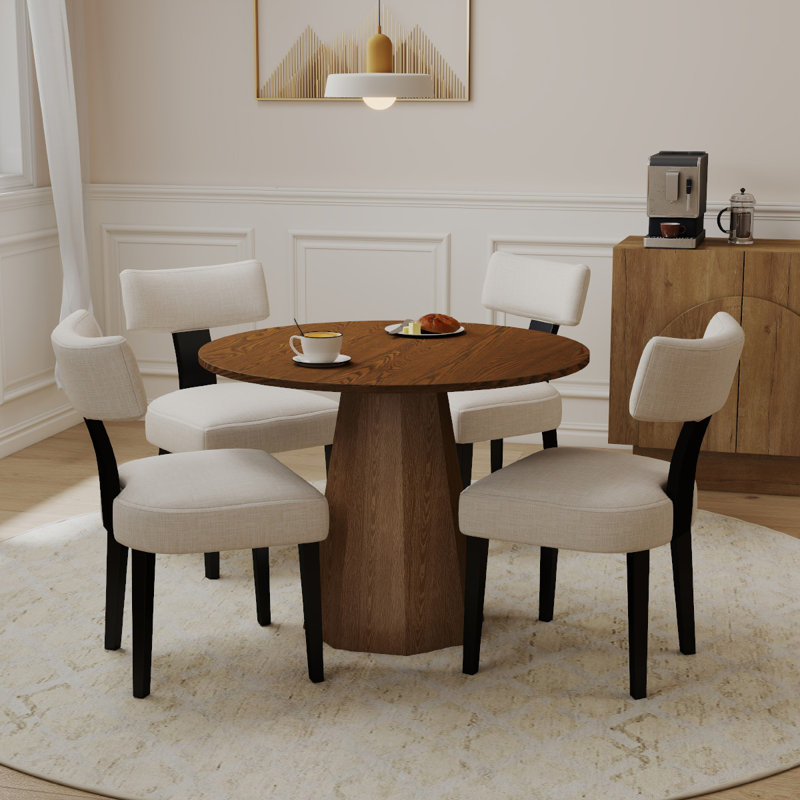 5-Piece Dining Set Mid-Century Wooden Table & Upholstered Chair Set For Home, Kitchen, Dining Room, Beige/Black/Walnut