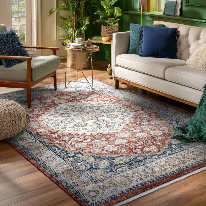 Mythos Vintage Medallion Crimson Rug with Fringe, Rectangle 5'3" x 7'3"
