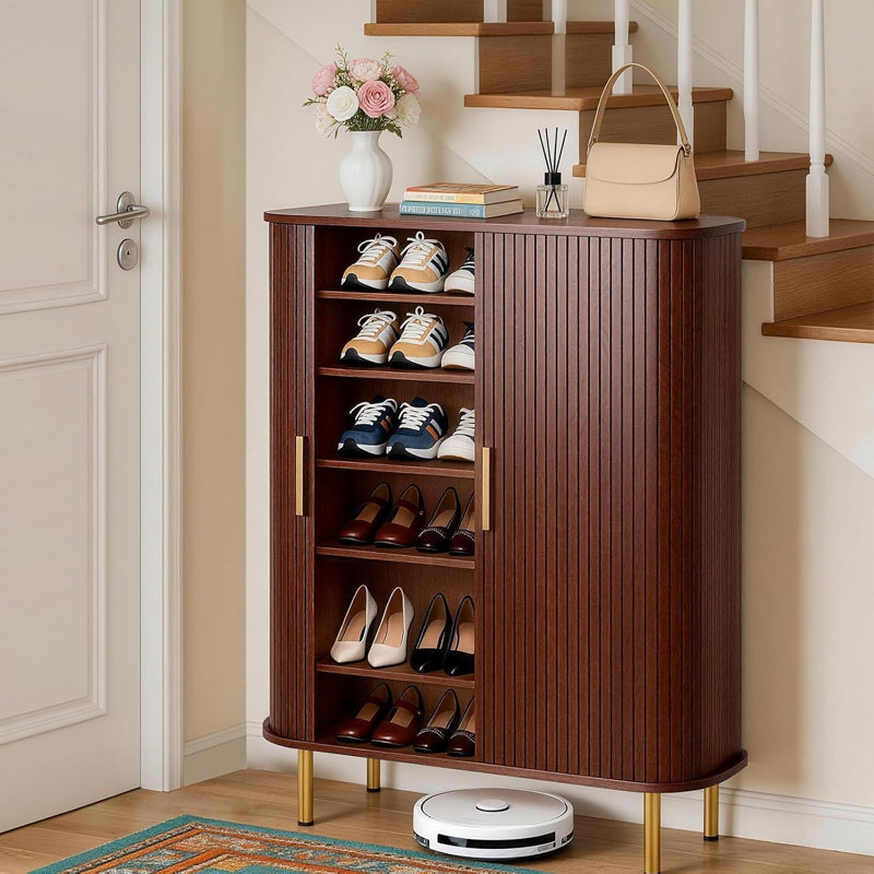 24 Pair Shoe Storage Cabinet, 31.5 Inch 6-Tier Shoe Cabinet with Adjustable Shelves & Sliding Doors, Mid-Century Modern Freestanding Shoe Storage Organizer for Entryway, Hallway, Living Room