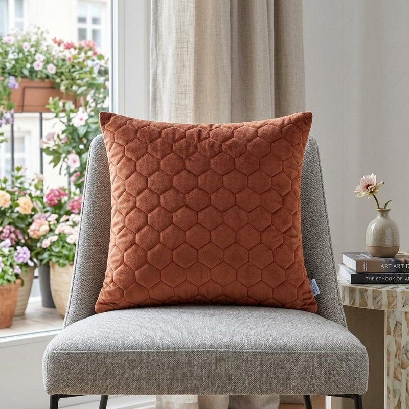 Coussin 20 "en velours matelassé orange vif matelassé, H 20 po x l 20 po, Velours orange touffeté matelassé