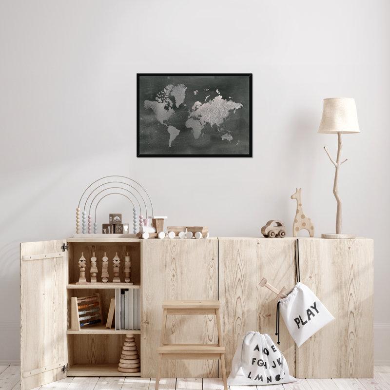 Large Silver World Map On Black Wash by Jennifer Goldberger - Painting, Black Framed Paper Print, 34cm H x 50cm W