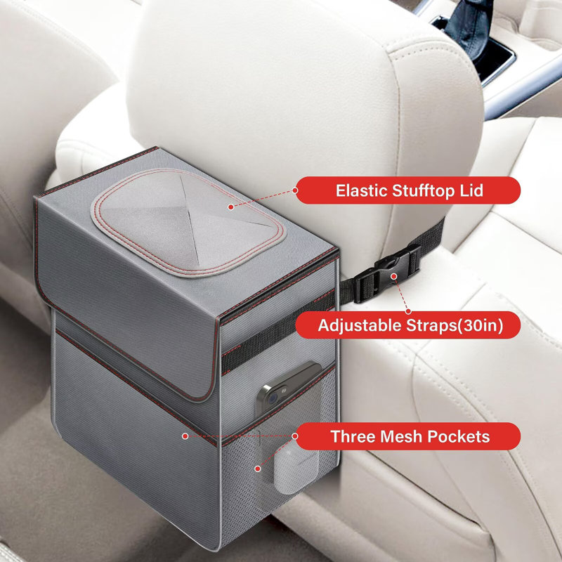 Simple Deluxe 2 Gallon Car Trash Can with Lid and Storage Pockets, Multipurpose Garbage Bin with Adjustable Straps, Collapsible and Portable Organizer, Grey