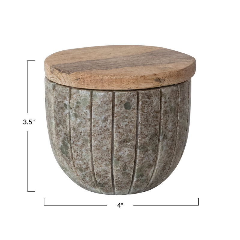 Carved Marble Container With Mango Wood Lid