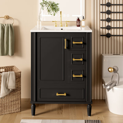 Meuble-lavabo moderne de 24 po avec lavabo en céramique, porte à fermeture douce, 3 tiroirs, poignées dorées et support de porte pour un rangement peu encombrant
