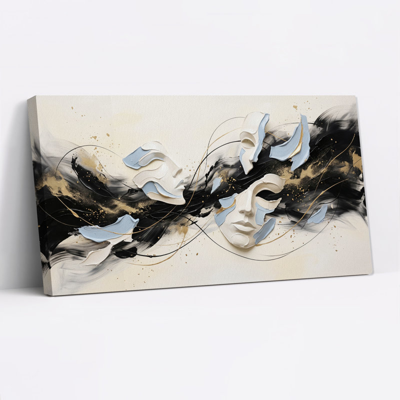 Visages sculptés abstraits sur toile noire et or, 32“W x 16”H
