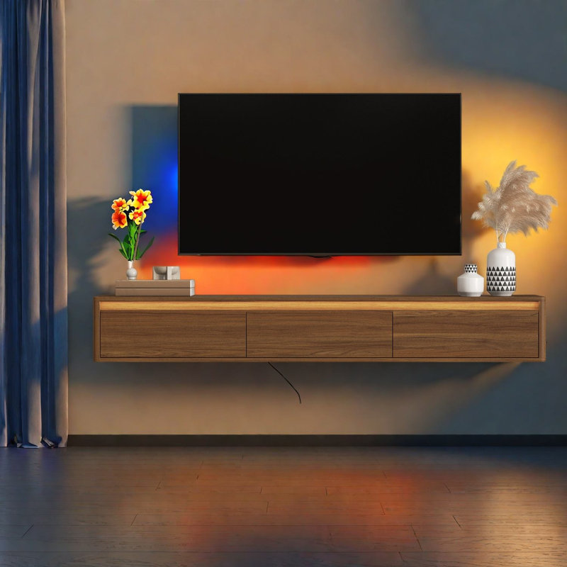 Meuble télé flottant Meuble télé 68,9 pouces MDF brun moderne