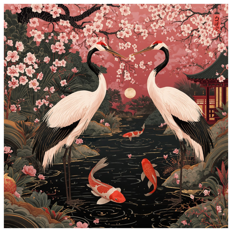 Rideaux Cheroi Blossom Cranes Koi, 50" x 92" - 1 Panel, Transparent