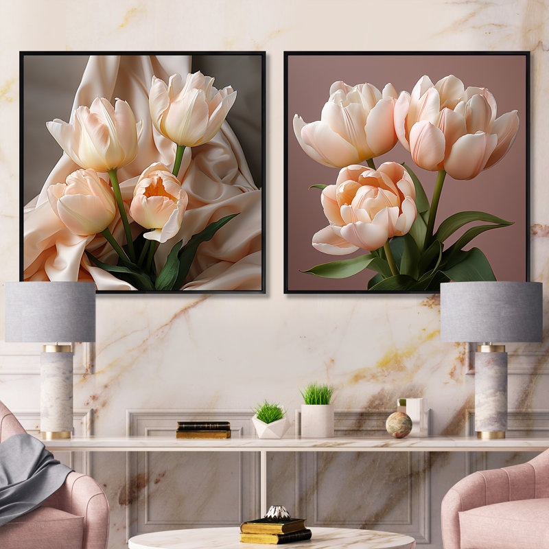 «Soft Neutral Tones Tulips Tranquility» 2 pièces, Cadre flottant noir, H 16 po x l 33 po