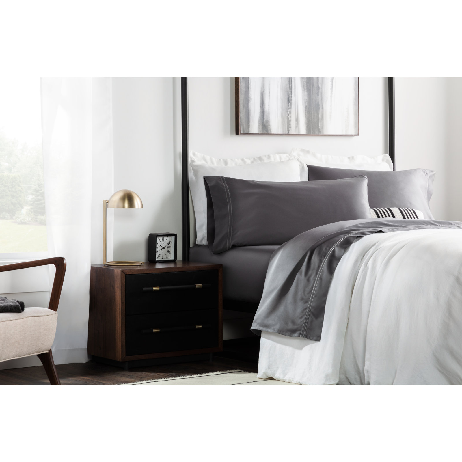 Supima Sateen Sheet Set, Dark Gray, Split Cal.King Sheet Set+1Fitted Sheet+2Pillowcase