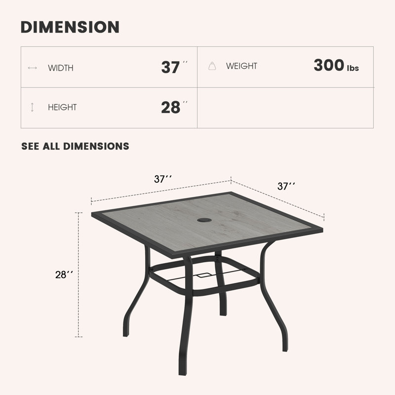 Square Steel Outdoor Dining Table Umbrella Hole , 37 " W 37 " D, Gray