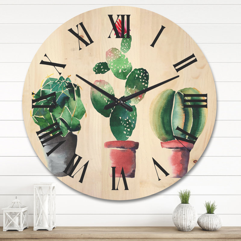 Horloge murale trois cactus en pot d'argile, Grand
