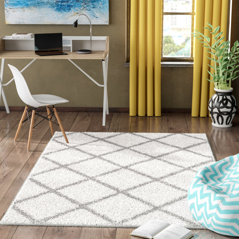 Darrold Shag Performance Geometric Rug, Rectangle 8' x 10', Ultra Plush 1.81", Ivory/Gray