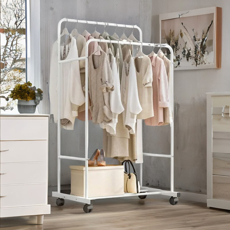 Auria Heavy Duty Metal Clothes Rail Open Wardrobe On Wheels With Storage Shelf